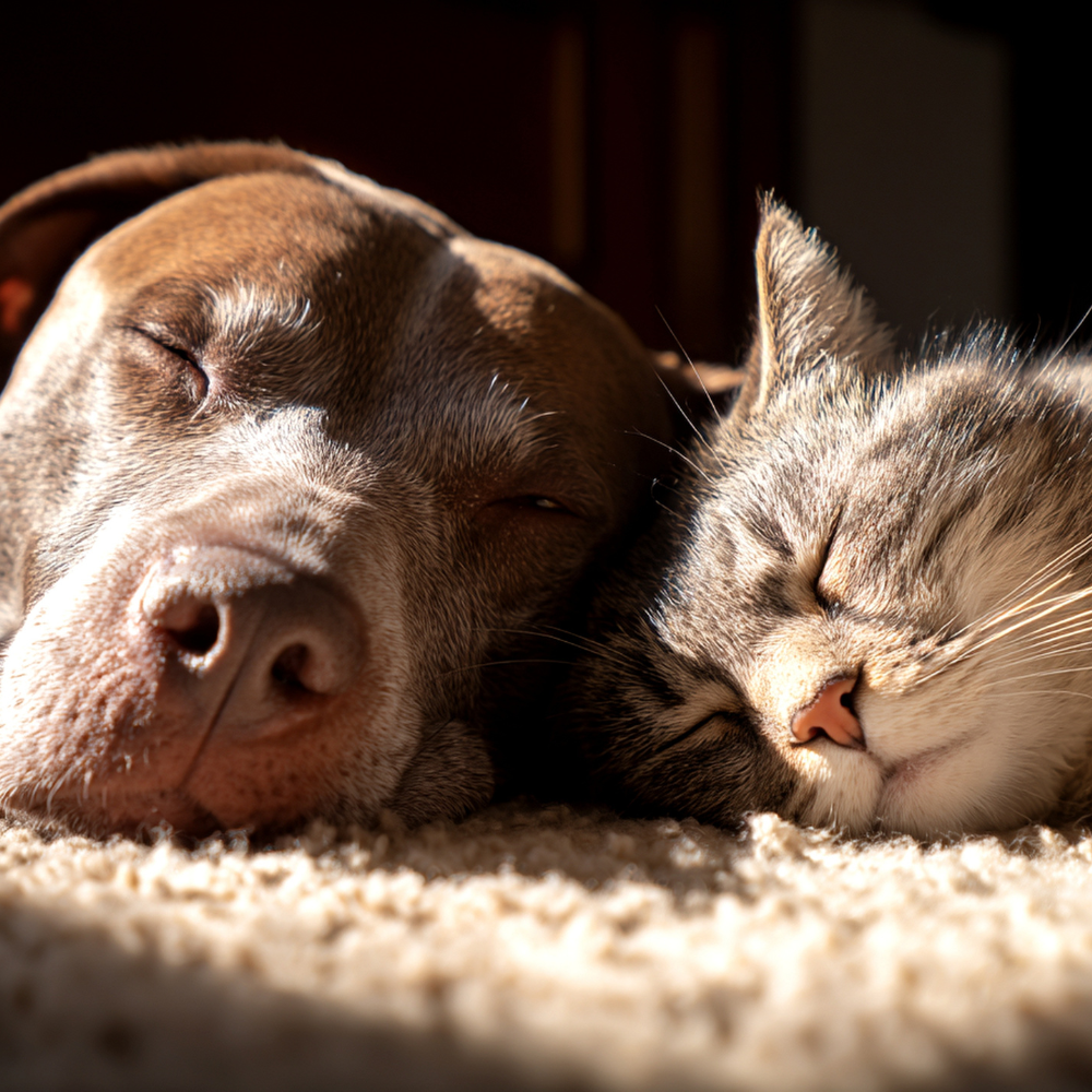 Un chien et un chat endormis côte à côte — le bonheur paisible que Wyldi souhaite à vos compagnons